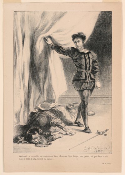 ハムレットのイラスト: ポローニアスの死 (III,4) 作： Eugène Delacroix