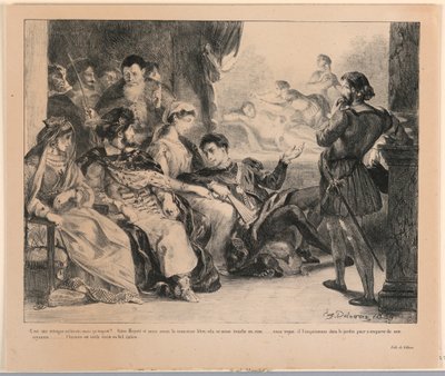 ハムレットのイラスト: プレーヤーはハムレットの父の死を表す (III,2) 作： Eugène Delacroix