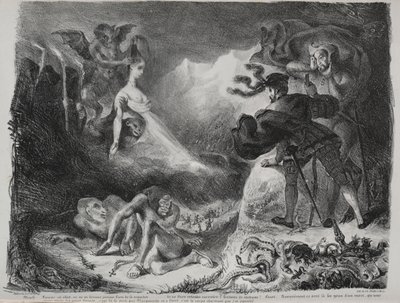 ファウストのイラスト: マルグリットの影がファウストに現れる 作： Eugène Delacroix