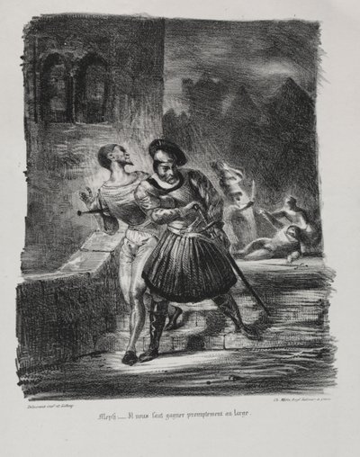 ファウストのイラスト: ファウストのメフィストフェレスは決闘の後に逃げる 作： Eugène Delacroix