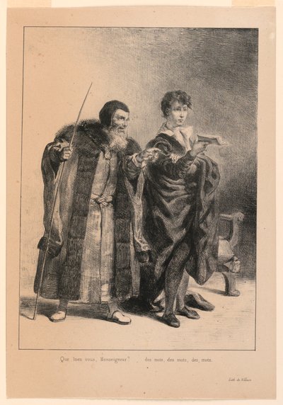 ハムレットの挿絵。 ポローニアスとハムレット (II,2) 作： Eugène Delacroix