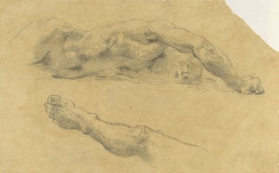 横になっている裸の男。 彼の足は再び別々に 作： Eugène Delacroix