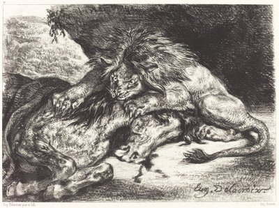 馬をむさぼり食うライオン 馬をむさぼり食うライオン、1844年。 作： Eugène Delacroix