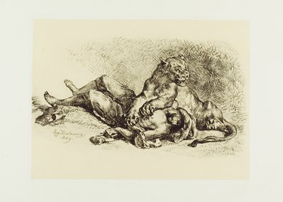 アラブ人の胸を引き裂く雌ライオン 作： Eugène Delacroix