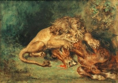 ライオンが馬を引き裂く 作： Ferdinand Victor Eugene Delacroix
