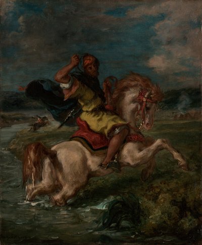 フォードを横切るモロッコの騎馬民族 作： Eugène Delacroix