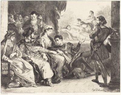 ハムレットの父の毒殺法を制定するプレーヤー 第 3 幕、第 2 場、1835 年。 作： Eugène Delacroix