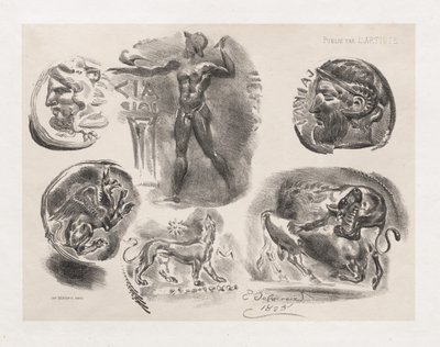 6 枚のアンティーク コインのシート 作： Eugène Delacroix