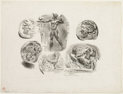 6 枚のアンティーク メダルのシート 作： Eugène Delacroix