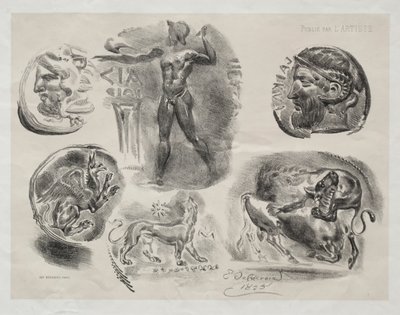 アンティーク・メダル6枚付きシート 作： Eugène Delacroix