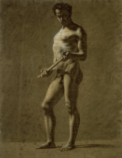 立っているアカデミック男性ヌード (直腸); 上腕のスケッチ (裏面) 作： Eugène Delacroix
