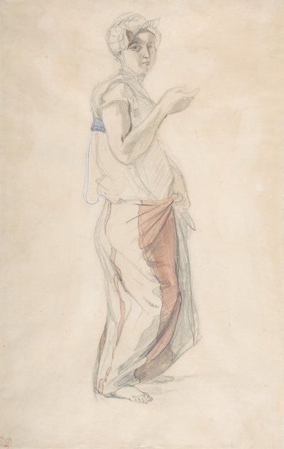 モロッコの衣装で立っている女性、カリフォルニア州。 1834年。 作： Eugène Delacroix