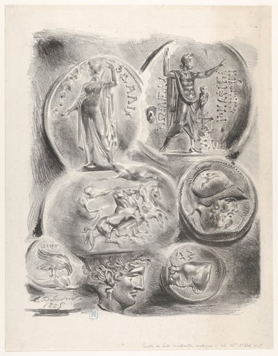 7 枚のギリシャ硬貨の研究、1825 年、1825 年。 作： Eugène Delacroix