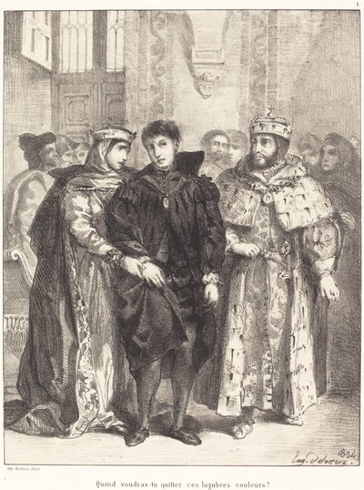 女王はハムレットを慰めようとする 第 1 幕、第 2 場、1834 年。 作： Eugène Delacroix