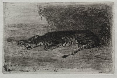 隠れ家の入り口で眠るトラ 作： Eugène Delacroix