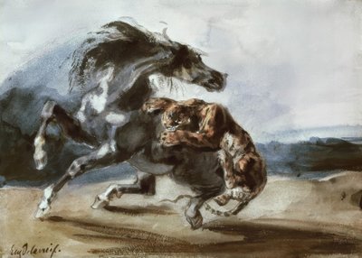 野生の馬を攻撃するトラ 作： Ferdinand Victor Eugene Delacroix