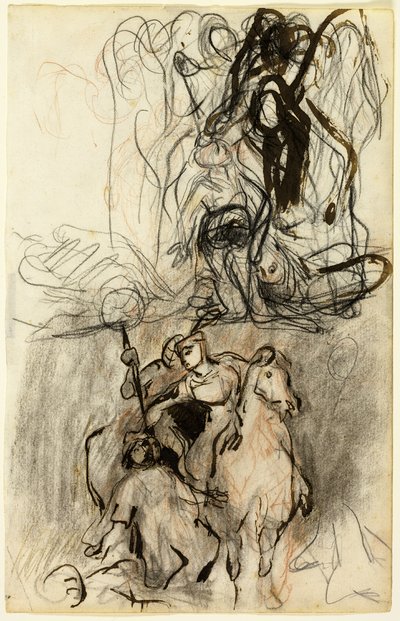 2 つのスケッチ; 地上の武装ライダーとフィギュア 作： Eugène Delacroix