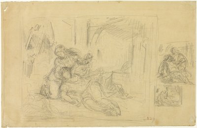 瀕死の女(?)、寝室の男、同じものの2つのスケッチ 作： Eugène Delacroix