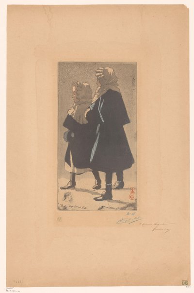 冬服の女の子二人 作： Eugène Delâtre (signed by artist)
