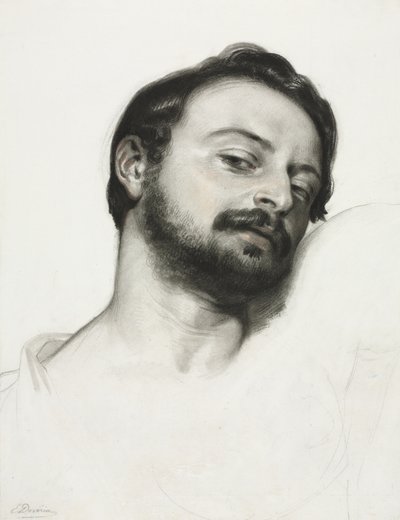 男の頭部（白い厚紙に木炭を三色で強調したもの） 作： Eugène François Marie Joseph Devéria
