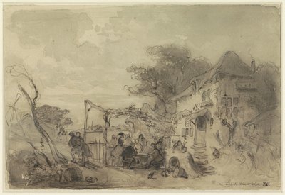道路沿いの旅館前のテラスでの会社 作： Eugène François de Block