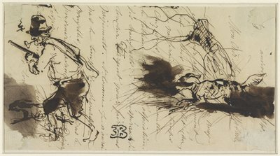 ハンターと犬、署名入りの手紙 作： Eugène François de Block