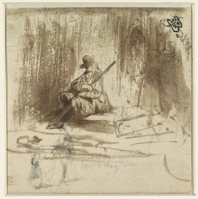 座っている男性と 2 人の立っている人物のスケッチ 作： Eugène François de Block
