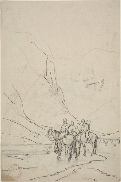 川のそばで馬に乗った男たち 作： Eugène Fromentin
