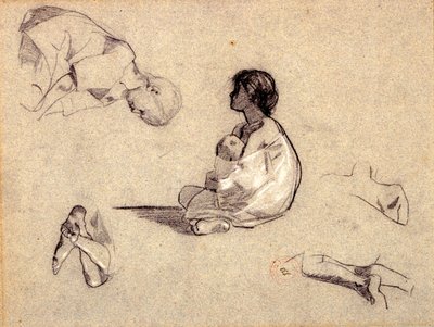 アラブの子供たちの研究（青紙に木炭とボディカラー） 作： Eugène Fromentin