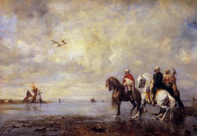 鷺狩り アラブの騎手が鷺を狩る。ウジェーヌ・フロマンタン（1820-1876）による絵画 1865年 日0,99x1,42 m シャンティイ、コンデ美術館 作： Eugène Fromentin