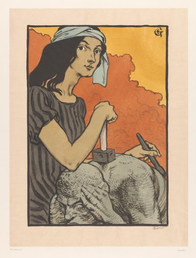 彫刻家は、彫刻にノミとハンマーを使用します ラ・スカルプチャー（原題） 作： Eugène Grasset (signed by artist)