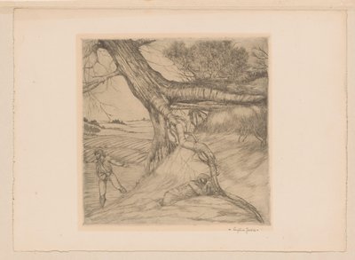 風景の中で手を組んで種まきとリクライニングの図 作： Eugène Joors (signed by artist)