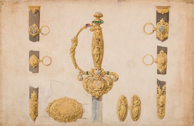 刀の柄、鞘、ベルト金具のデザイン 1840-50年頃 作： Eugène Julienne.
