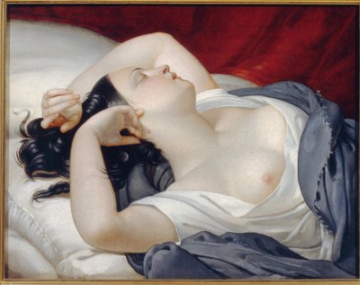 眠るイタリア人女性。 ベッドの端で淫らに眠る、目を閉じて胸をむき出しにした美しい女性。 Eugene Pluchart (1809-1880) による絵画、キャンバスに油彩、1840 年頃。 フランスの芸術 作： Eugéne Pluchart