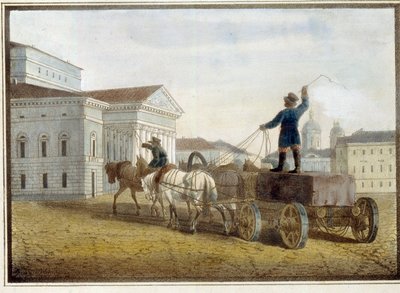 サンクトペテルブルクの劇場広場への花崗岩ブロックの輸送。 Eugene Pluchart (1809-1880) の作品、リトグラフに水彩 作： Eugéne Pluchart
