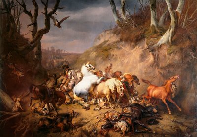 空腹のオオカミが一団の騎手を攻撃する 作： Eugène Verboeckhoven