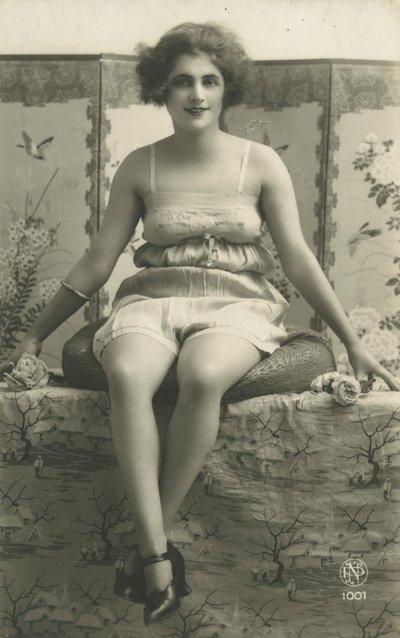 下着姿で座っている女性の肖像（モノクロ写真 作： European Photographer