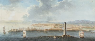 海からの港の眺め、おそらくリボルノ（ペン、茶色のインク、ガッシュ） 作： European School