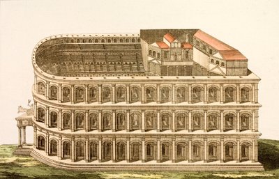 紀元前1世紀後半に建設された古代ローマのマルケルス劇場（彩色済み彫刻 作： European School