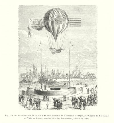 1784年6月12日、Guyton de Morveauとde Virlyがディジョンのアカデミーのエアロスタットを使って行った昇天、オールの助けを借りたエアロスタットの最初の方向性のテスト（彫刻 作： European School