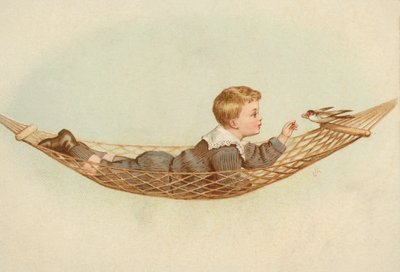 ハンモックに横たわり鳥に餌をやる少年（クロモリト） 作： European School