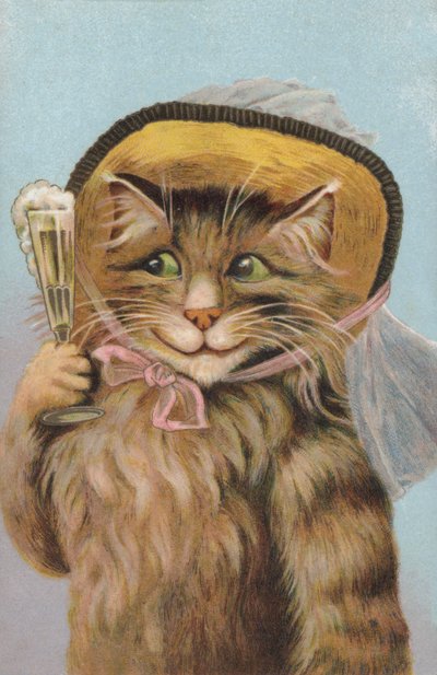 帽子をかぶりシャンパングラスを持つ猫（クロモリト） 作： ヨーロピアンスクール