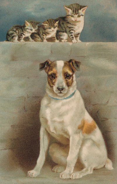 犬を観察する猫（カラーリトグラフ） 作： European School