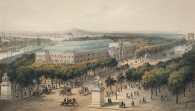 1855年フランス、パリ万国博覧会のために建設されたシャンゼリゼ通りと工業宮（カラーリトグラフ） 作： European School