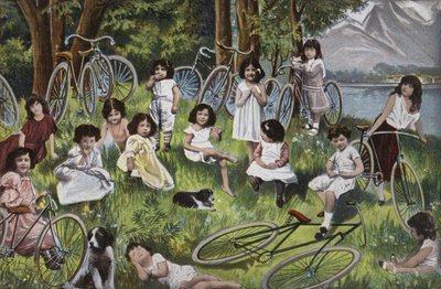 ヨーロッパの湖畔の子供たちと自転車（カラーリトグラフ） 作： European School