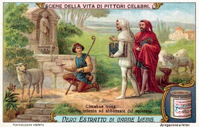 ジョットが熱心に羊のスケッチをしているのを見つけたチマブエ（クロモリト） 作： European School