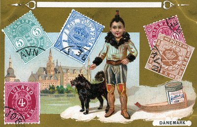 イヌイットの子供と彼の犬とのデンマークとアイスランドの切手、1897 作： European School