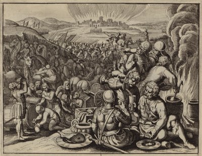 略奪品を祝うアマレク人を驚かせるダビデ（彫刻） 作： European School