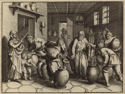 預言者の未亡人の借金を返済するために油を増やすエリシャ（彫刻） 作： European School