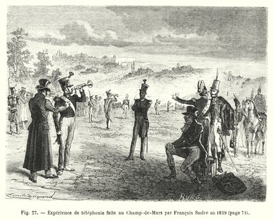 1829年、フランソワ・スードレがシャン・ド・マルスで行った電話の実験（彫刻）。 作： European School